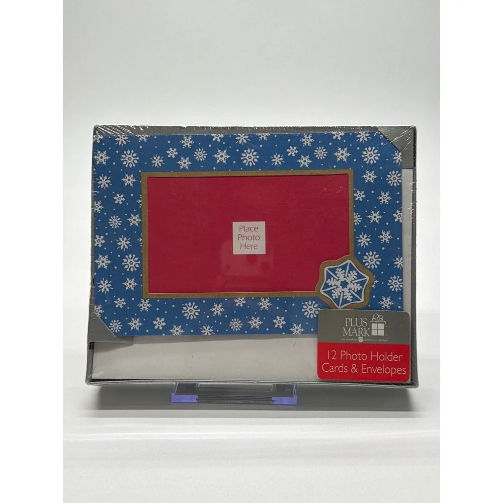 Plus Mark 12 Photo Holder Cards & Envelopes Blue Snowflake Holiday 250D 15604-1